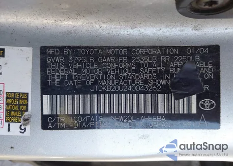 2004 Toyota Prius из США, поврежденный, VIN JTDKB20U240043262